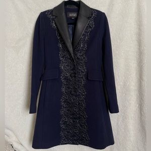 Badgley Mischka Navy Blue Wool Coat with Leather and Trim Silver Embroidered